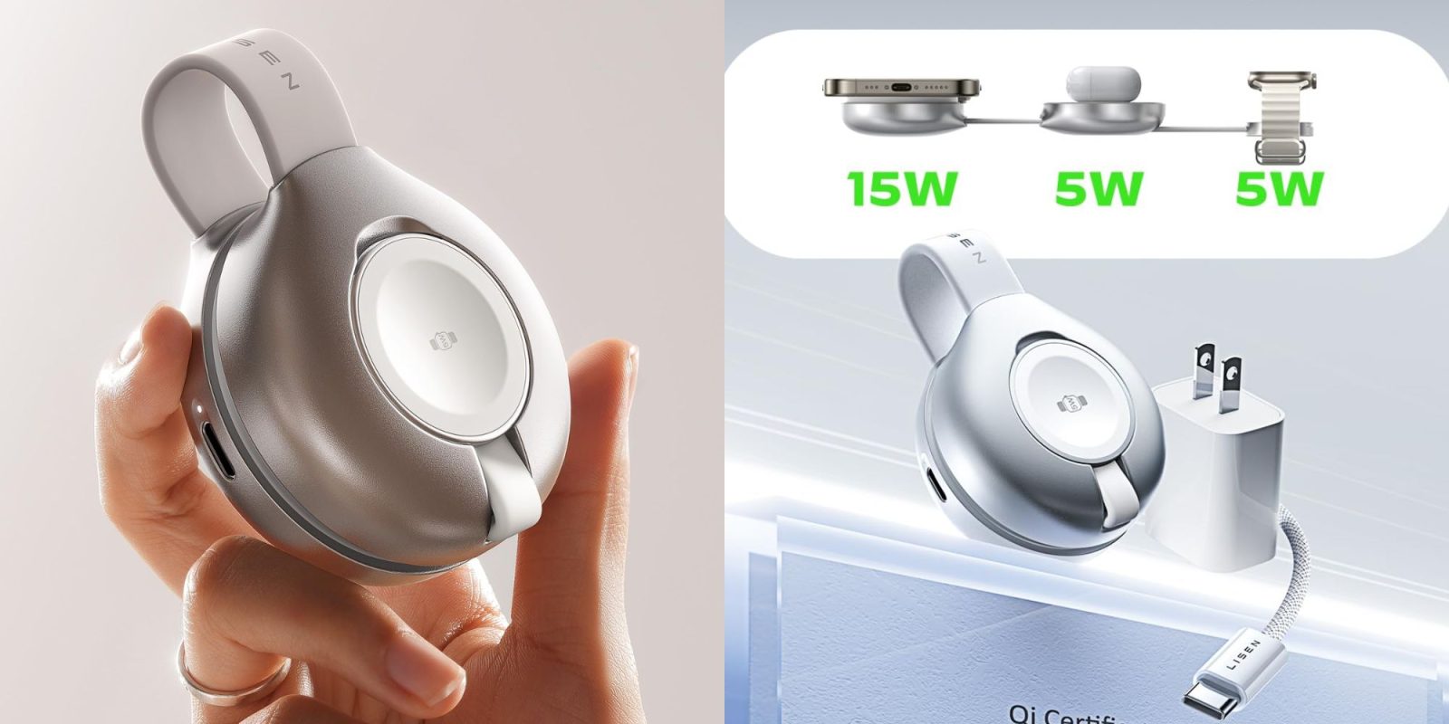Image showing renders of LISEN's 3-in-1 Qi2 charger.