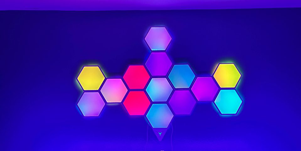 A colorful hexagons on a blue background