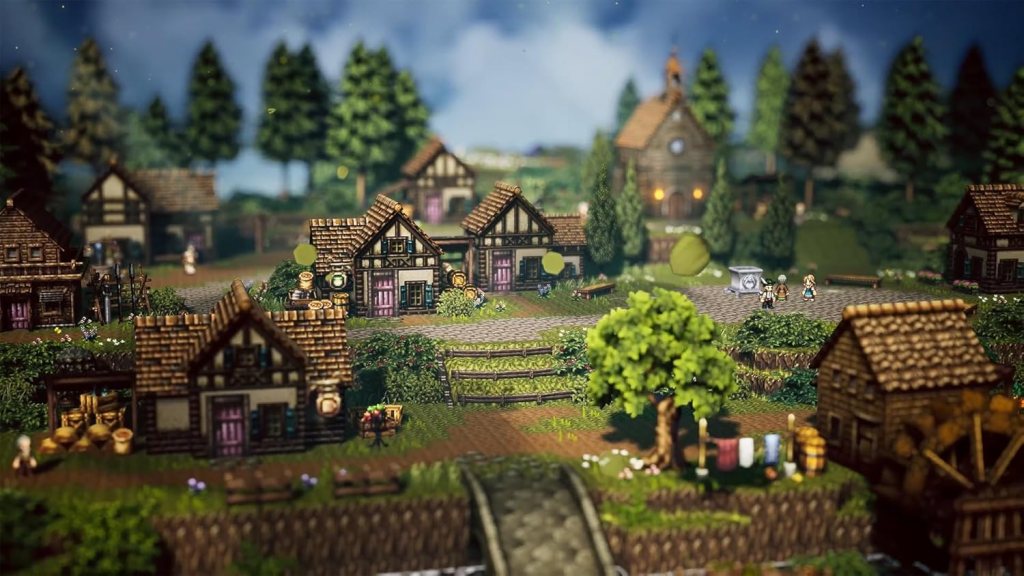 A video game scene of a village