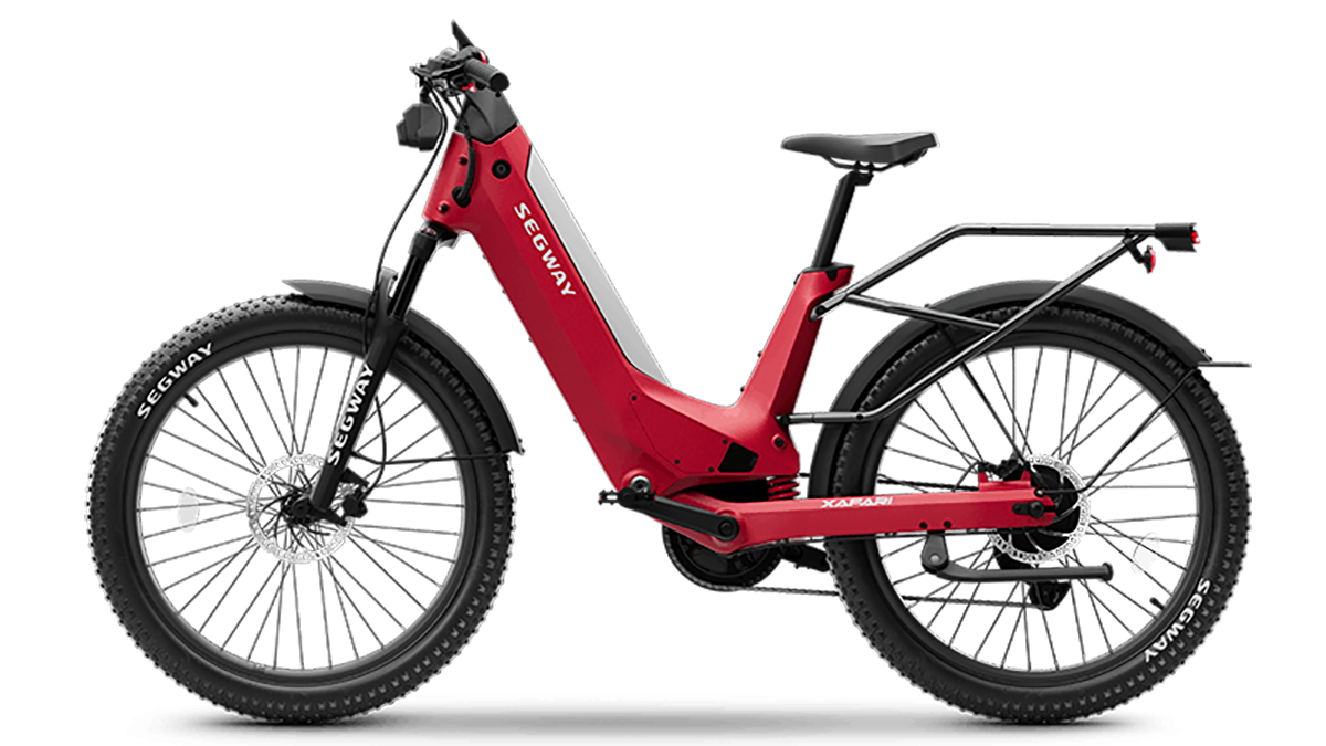 A red electric bike with black wheels