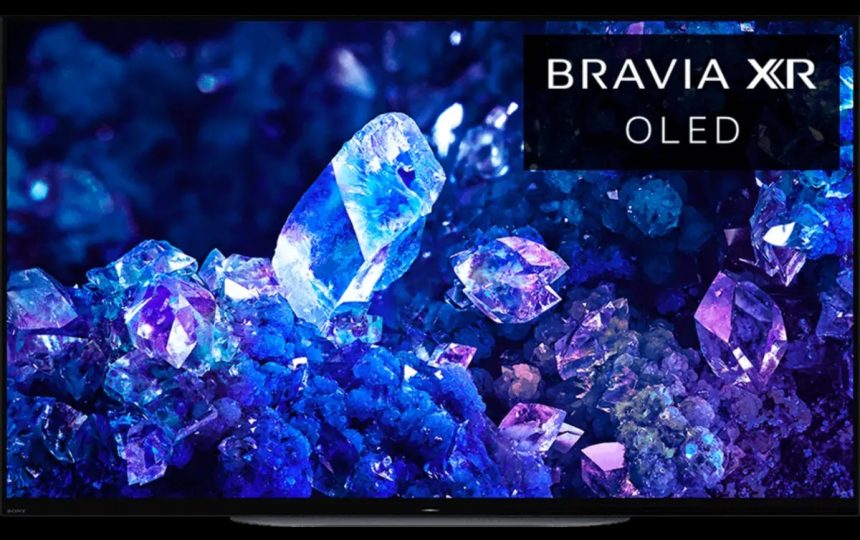 A television screen with a blue and purple crystals
