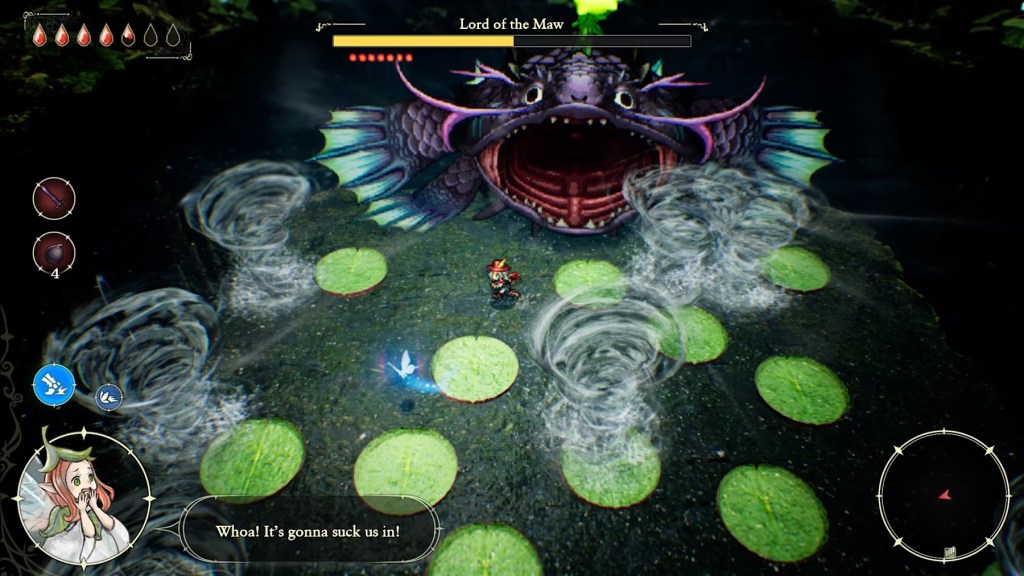 A video game screen with a monster and water lilies
