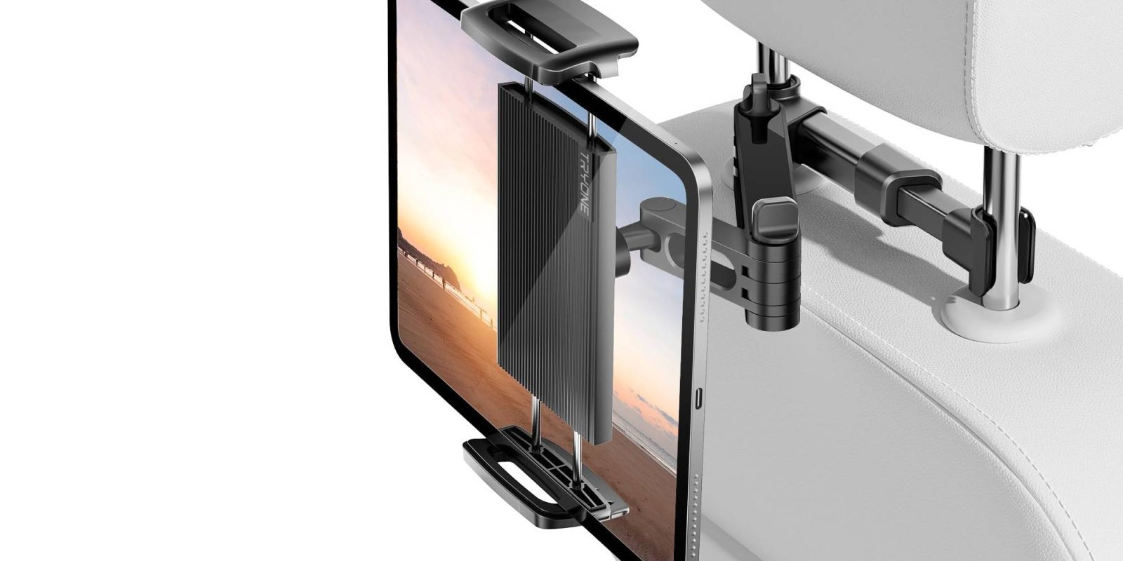 A black tablet with a black screen attached to a black bracket