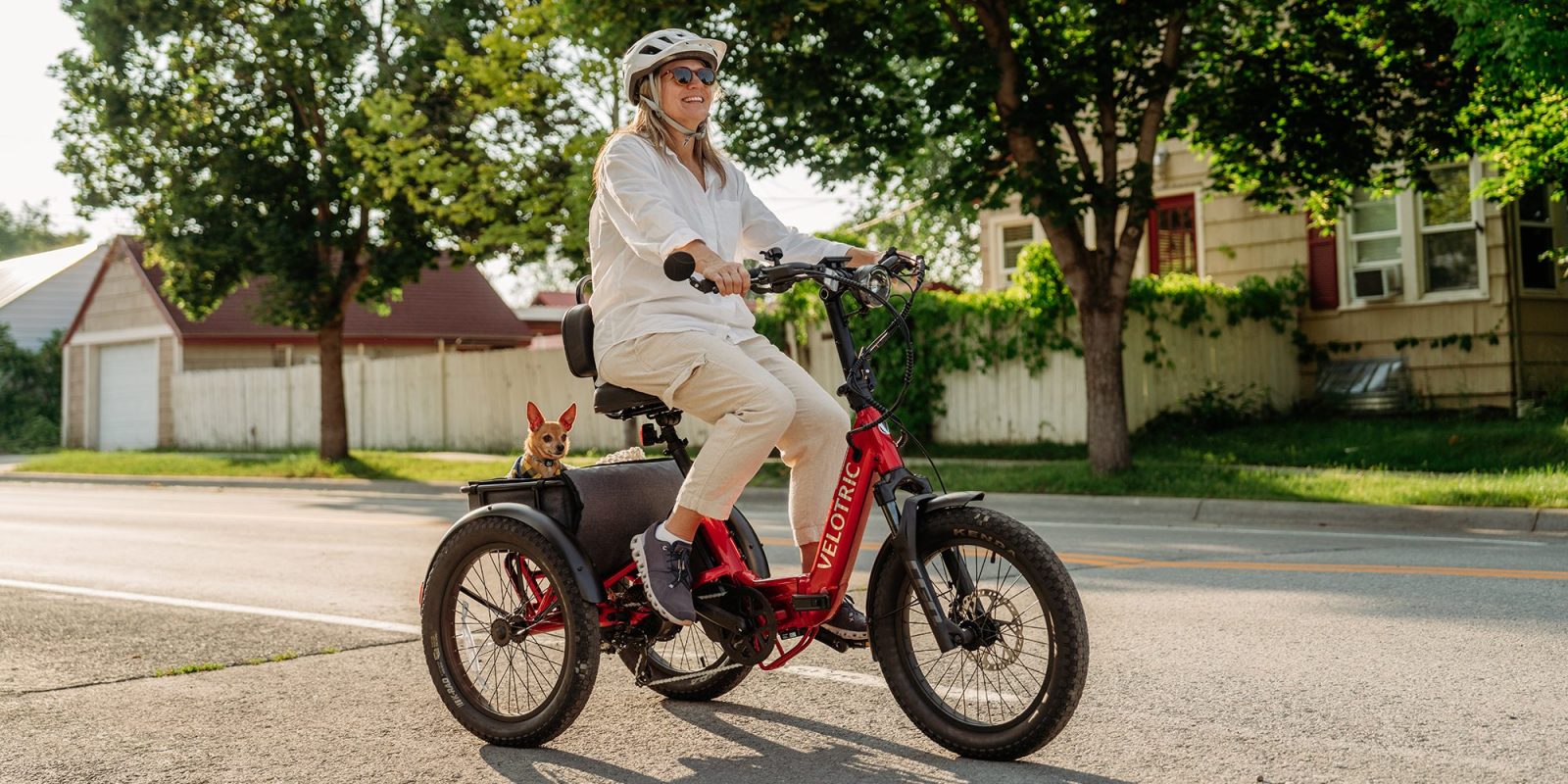 A woman riding a tricycle with a small dog in the back