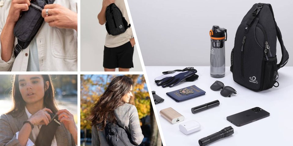 A collage of a woman with a backpack and a water bottle