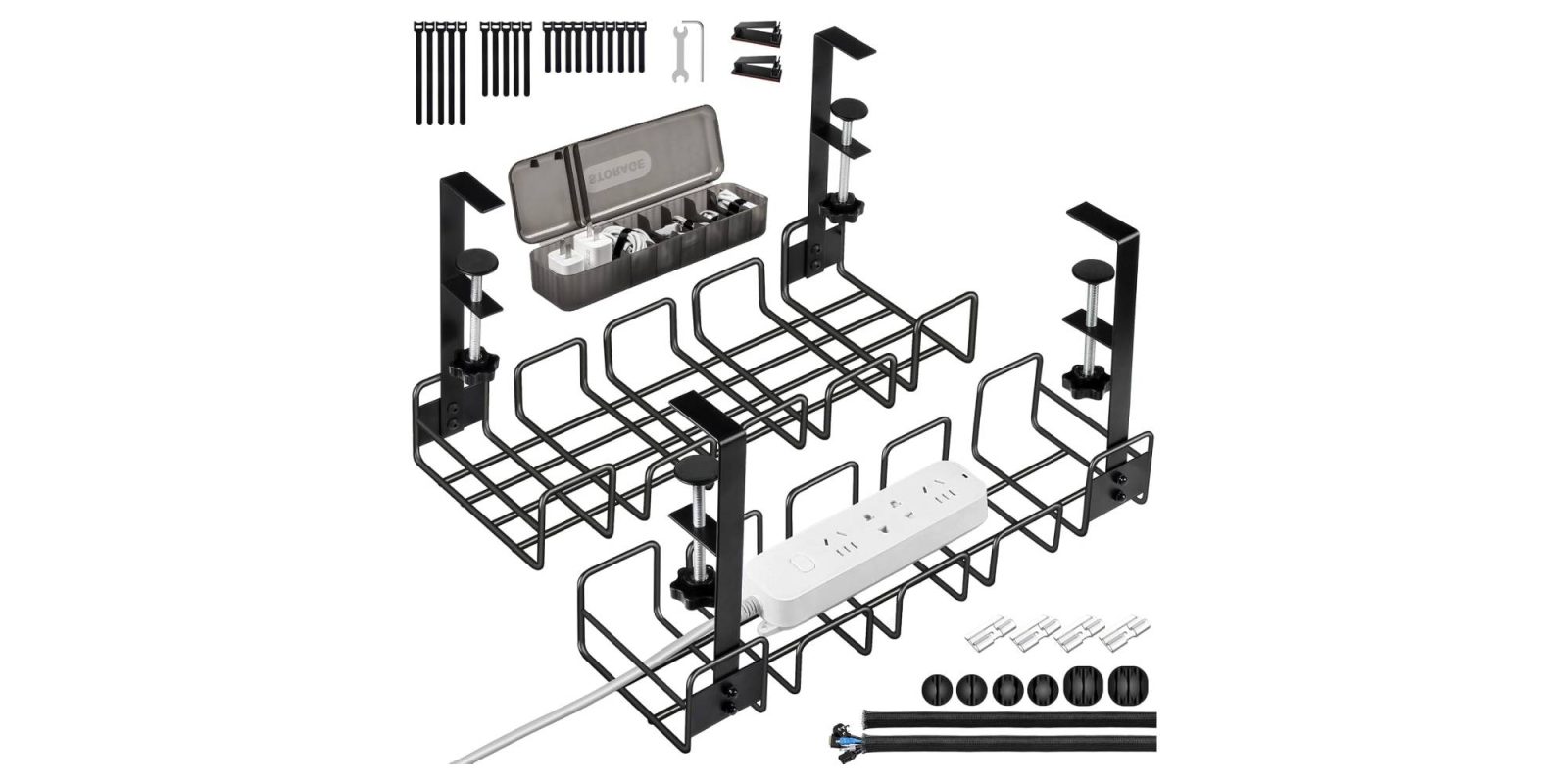 A black wire rack with a white extension cord and a case with many other objects