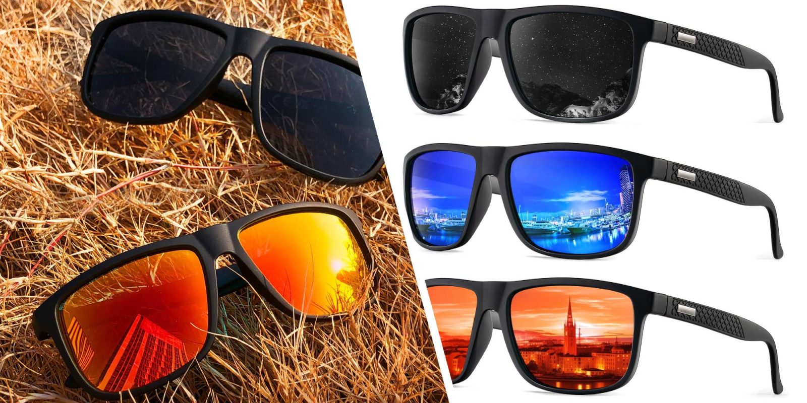 A collage of sunglasses with different colors of lenses