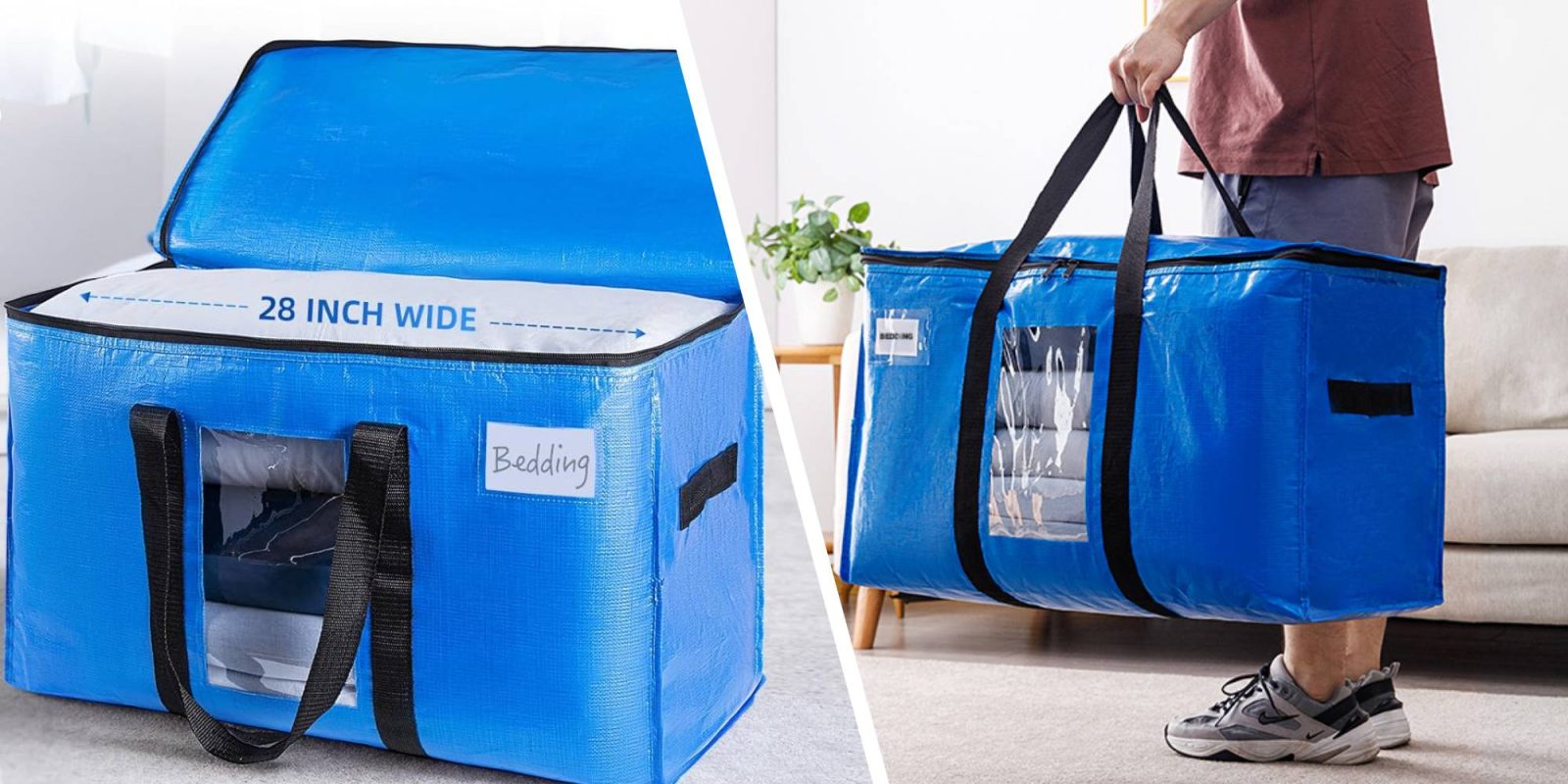 A blue bag with a black handle