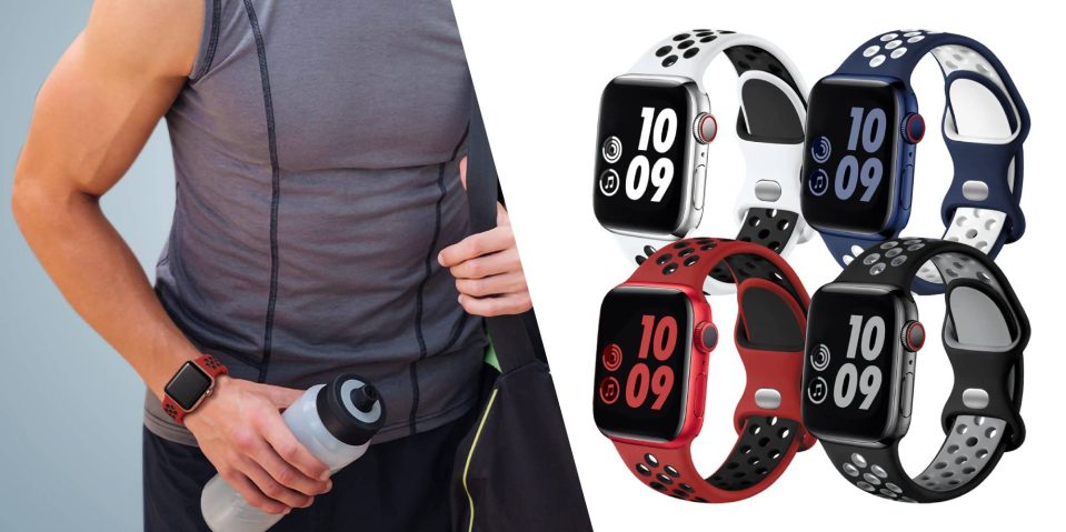 A man holding a water bottle and a smart watch