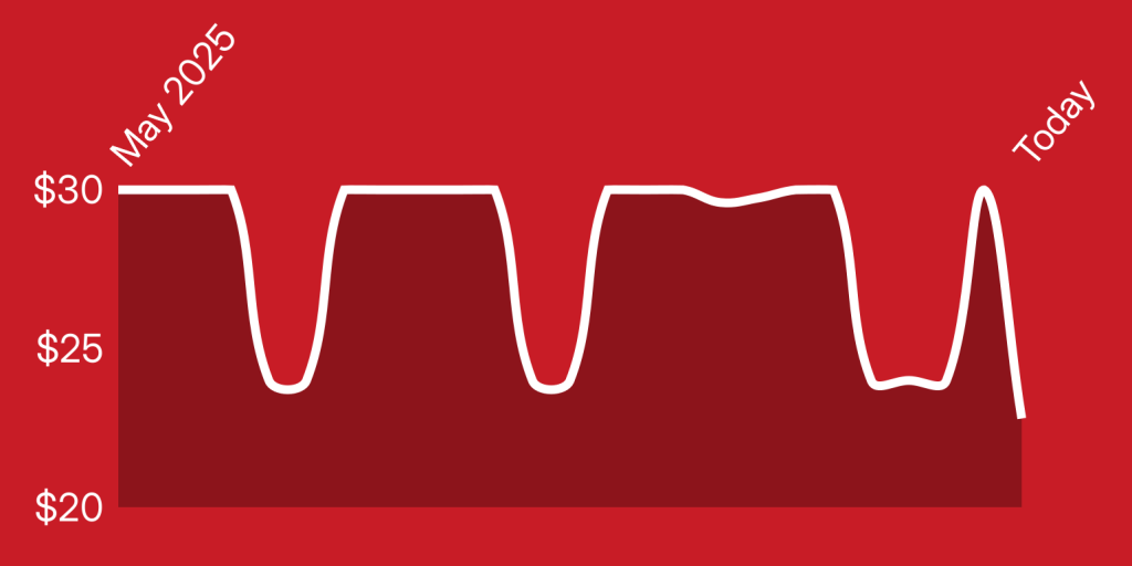 A red and white line drawing of a mountain