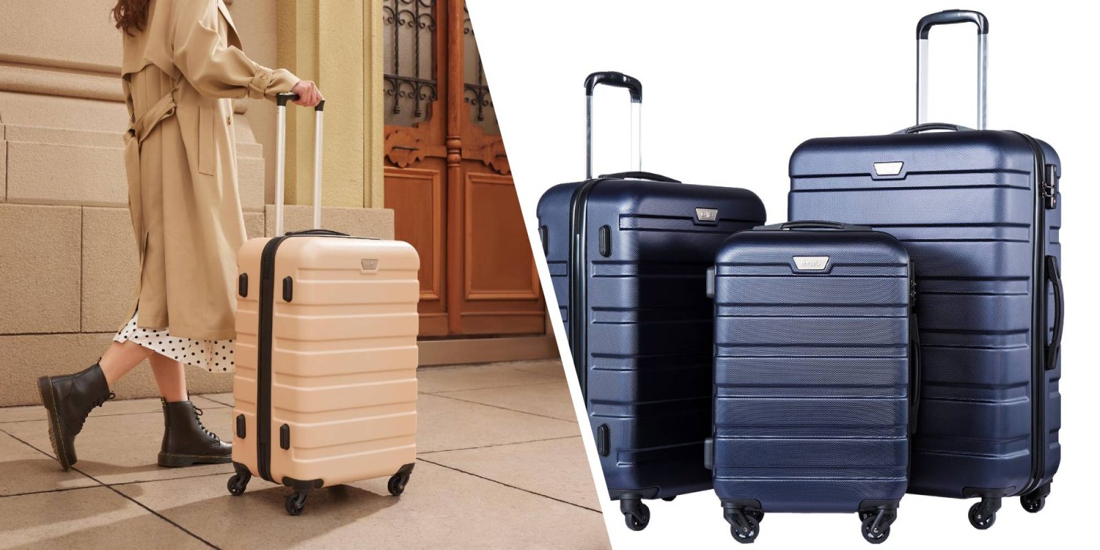 A woman standing next to a suitcase