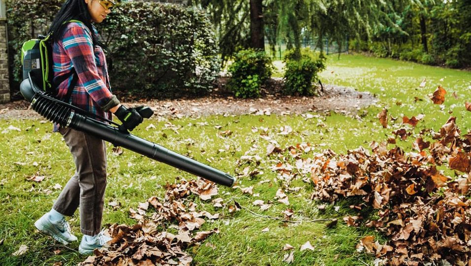 A person using a blower to clean leaves