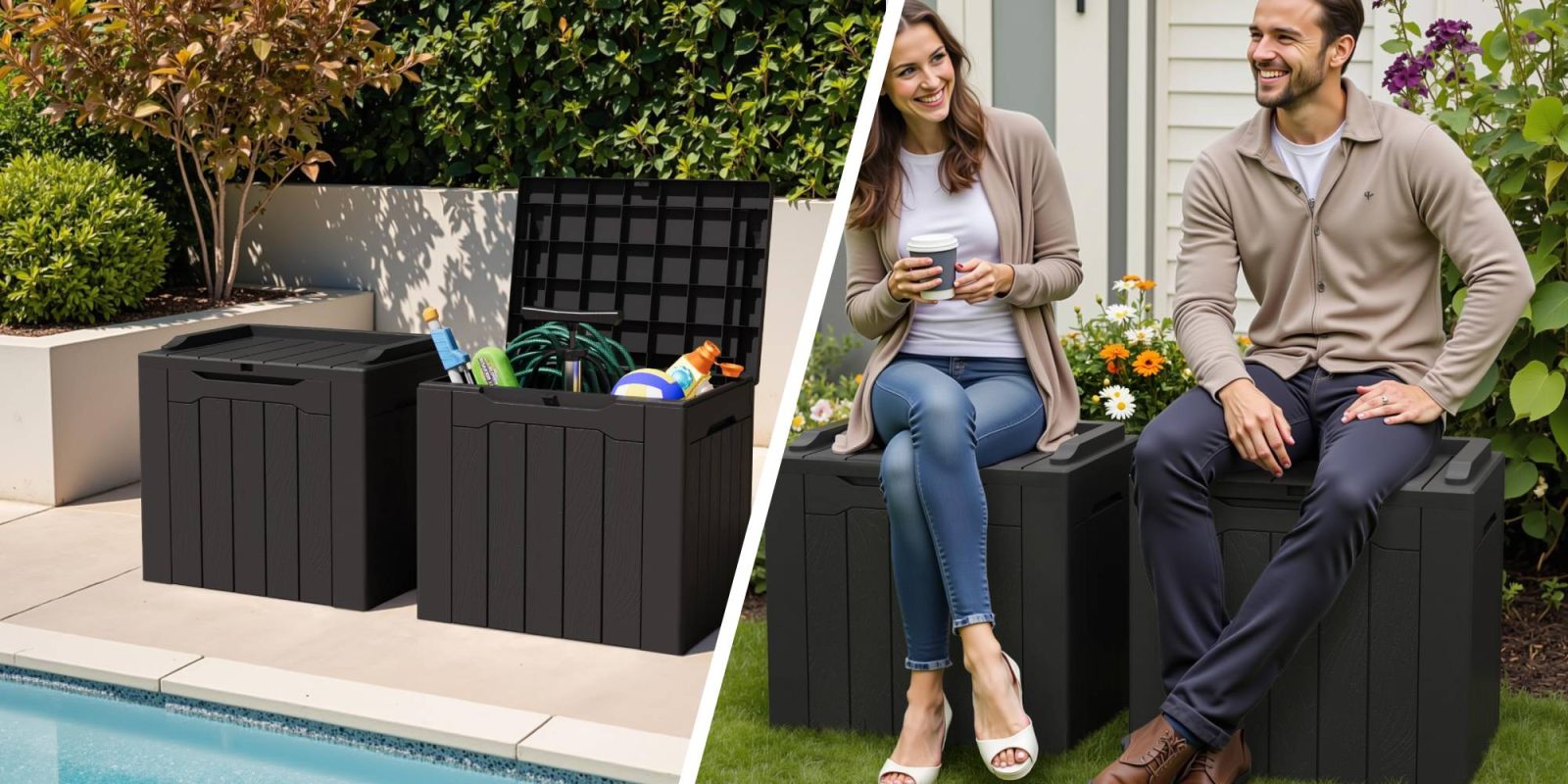 A collage of a man and a woman sitting on a black box