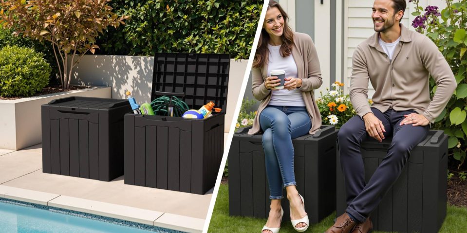 A collage of a man and a woman sitting on a black box