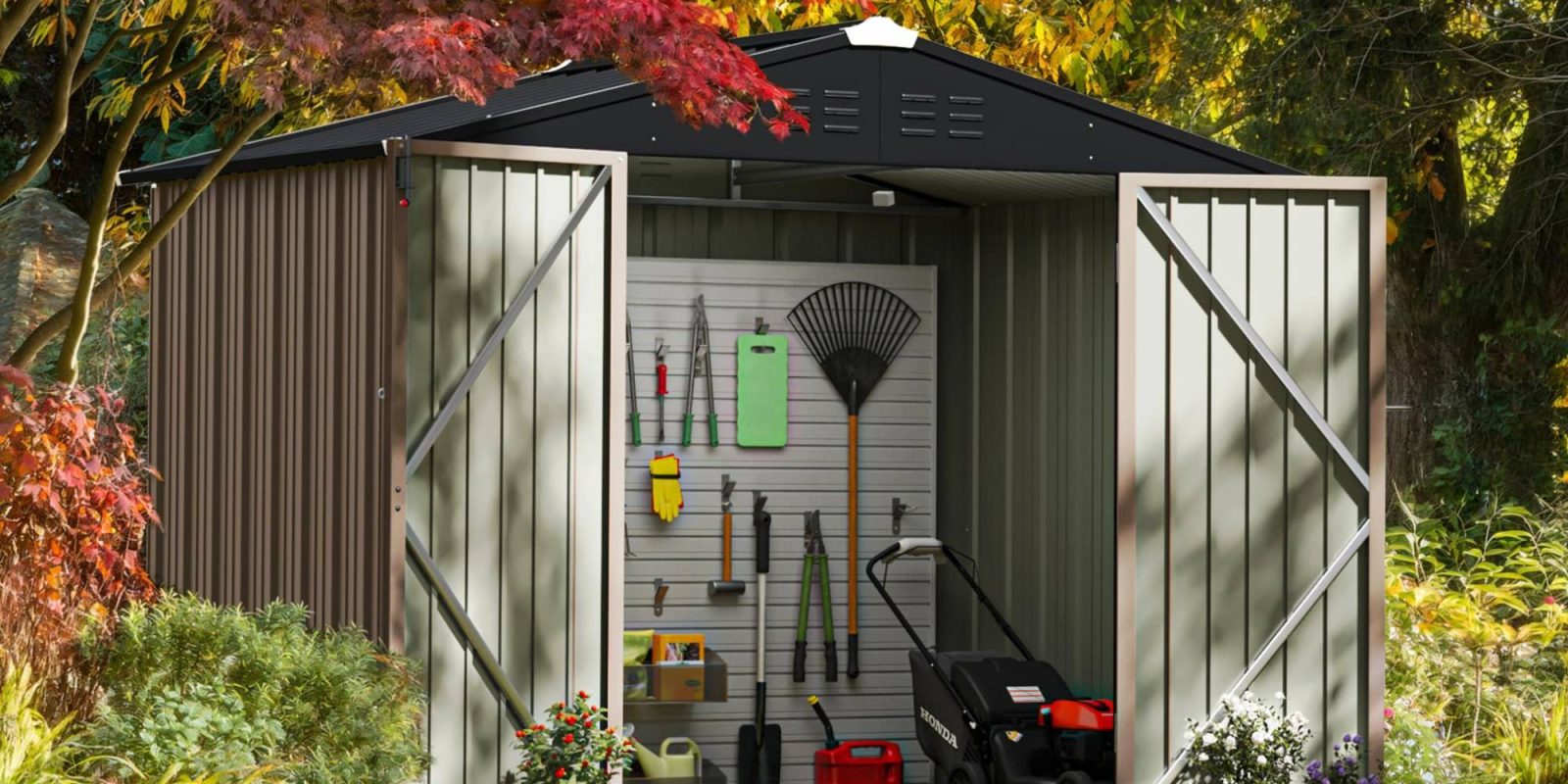A shed with tools and tools on the wall