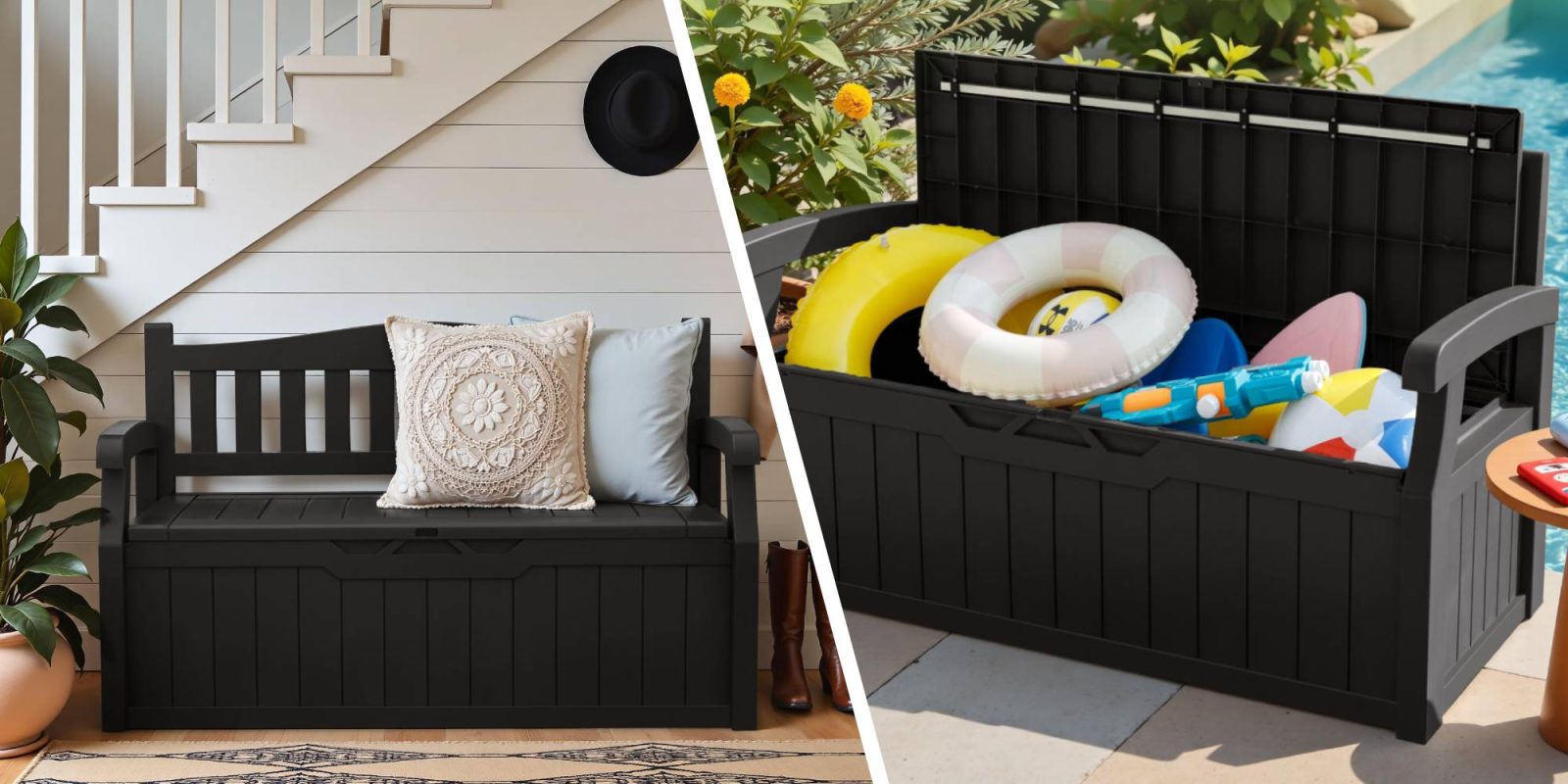 A black plastic box with a pillow and a pillow in it