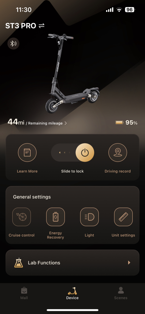 A screenshot of navee st3 pro scooter controls