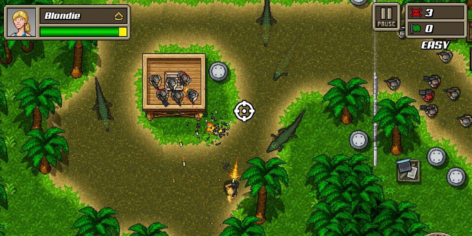 A video game screen with a cartoon character and alligators