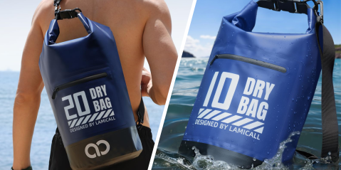 A man with a blue bag in the water