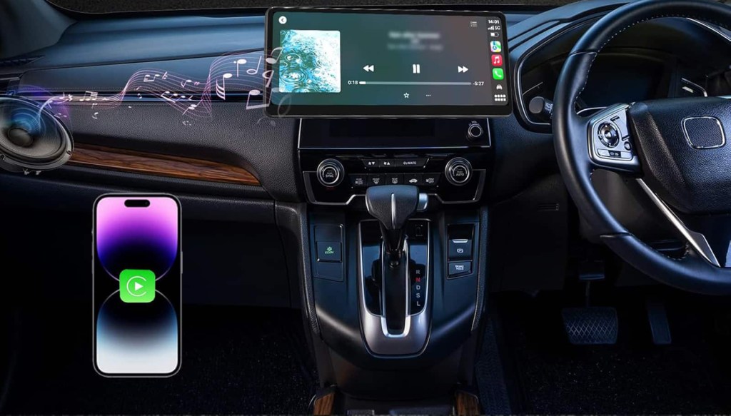 A car dashboard with a touch screen