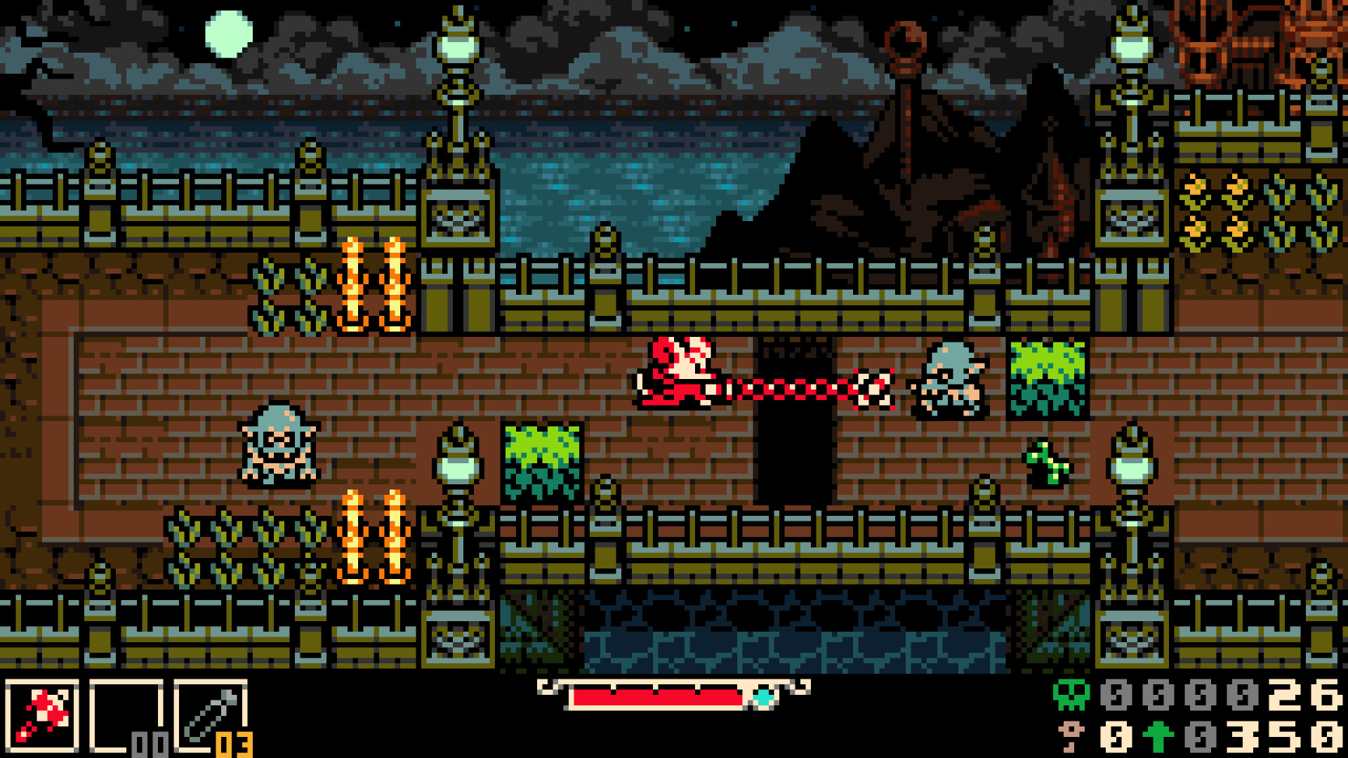 A video game with a castle and a red and white character
