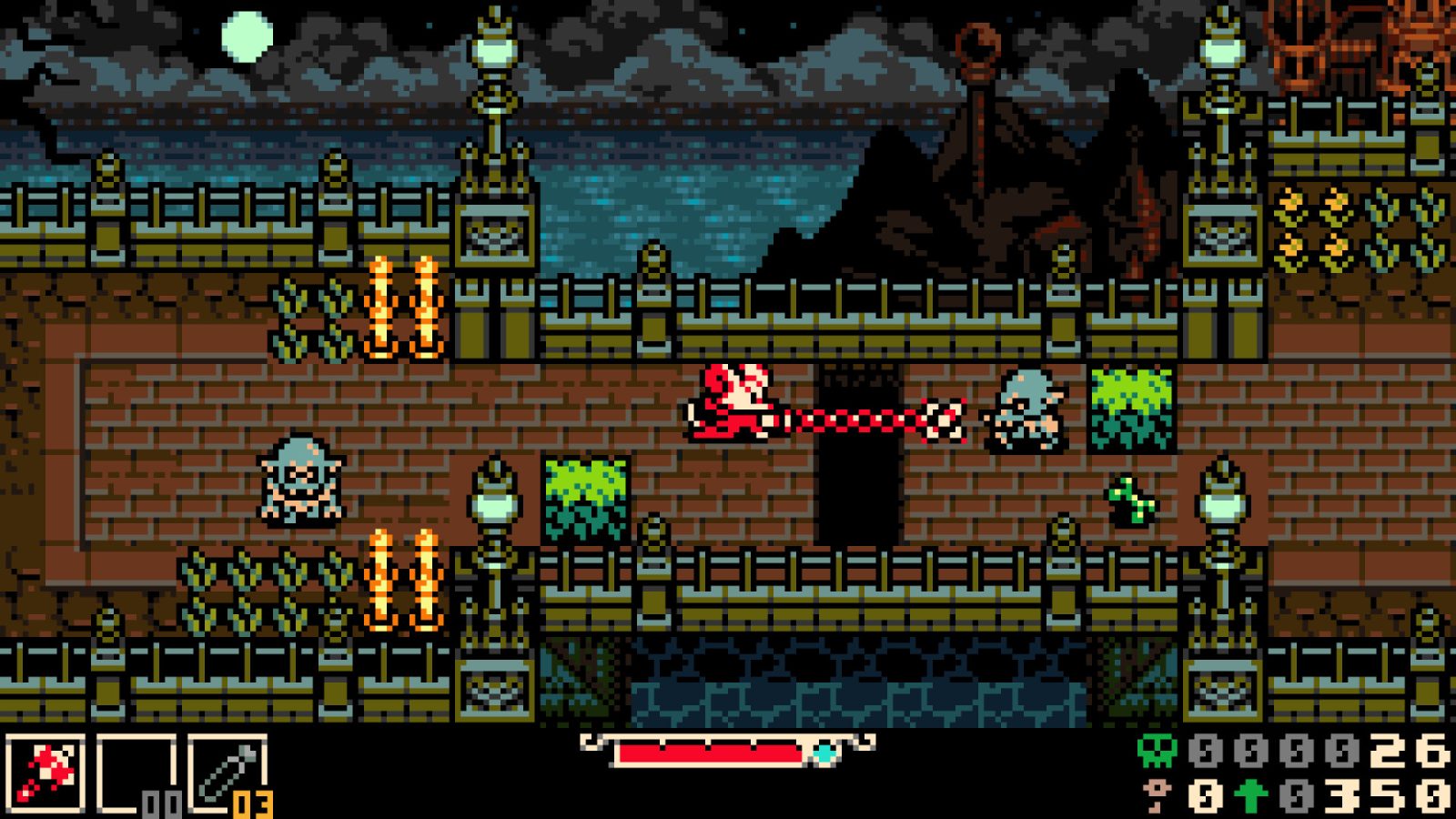 A video game with a castle and a red and white character