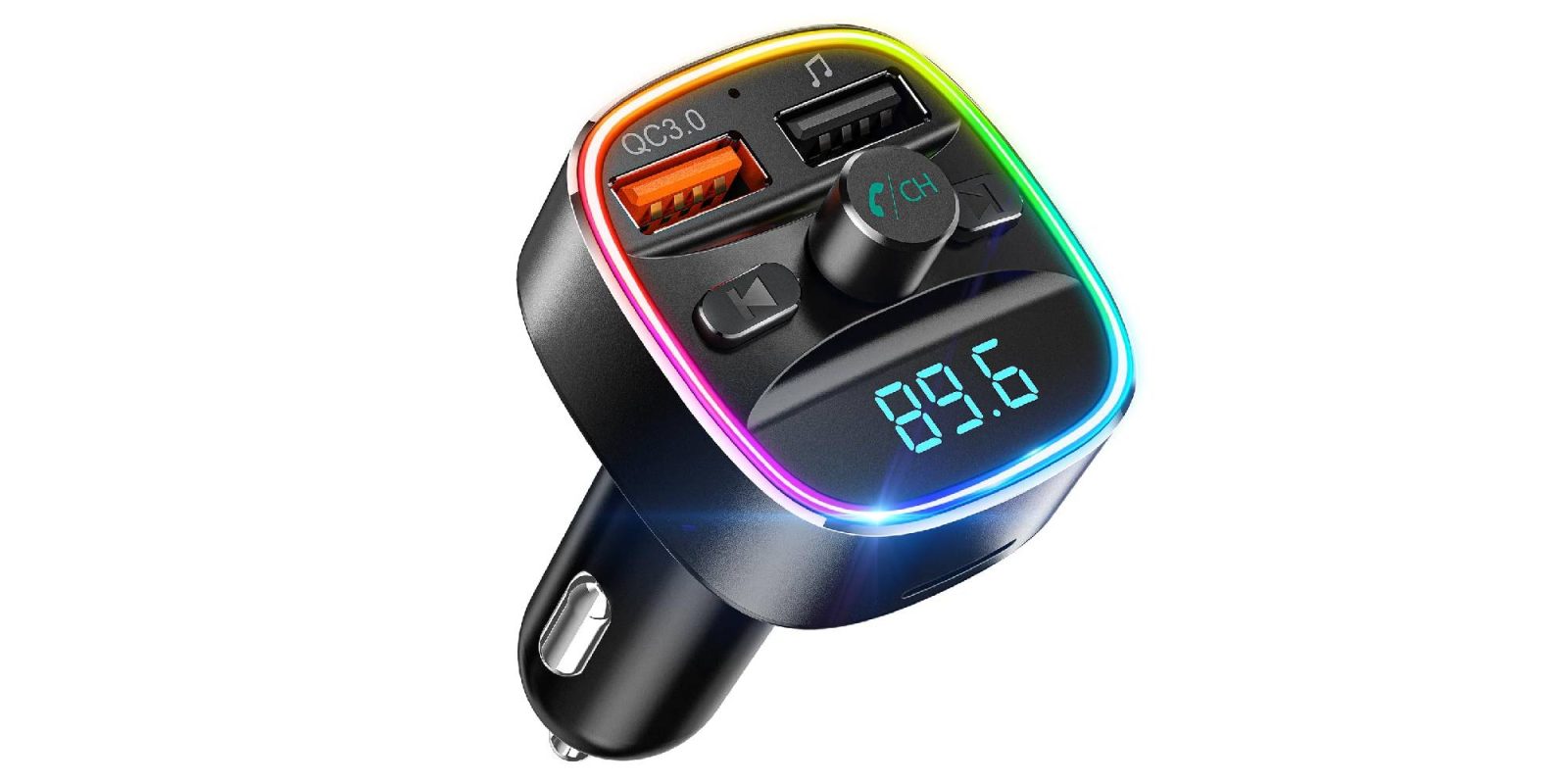 A black car charger with multicolored lights