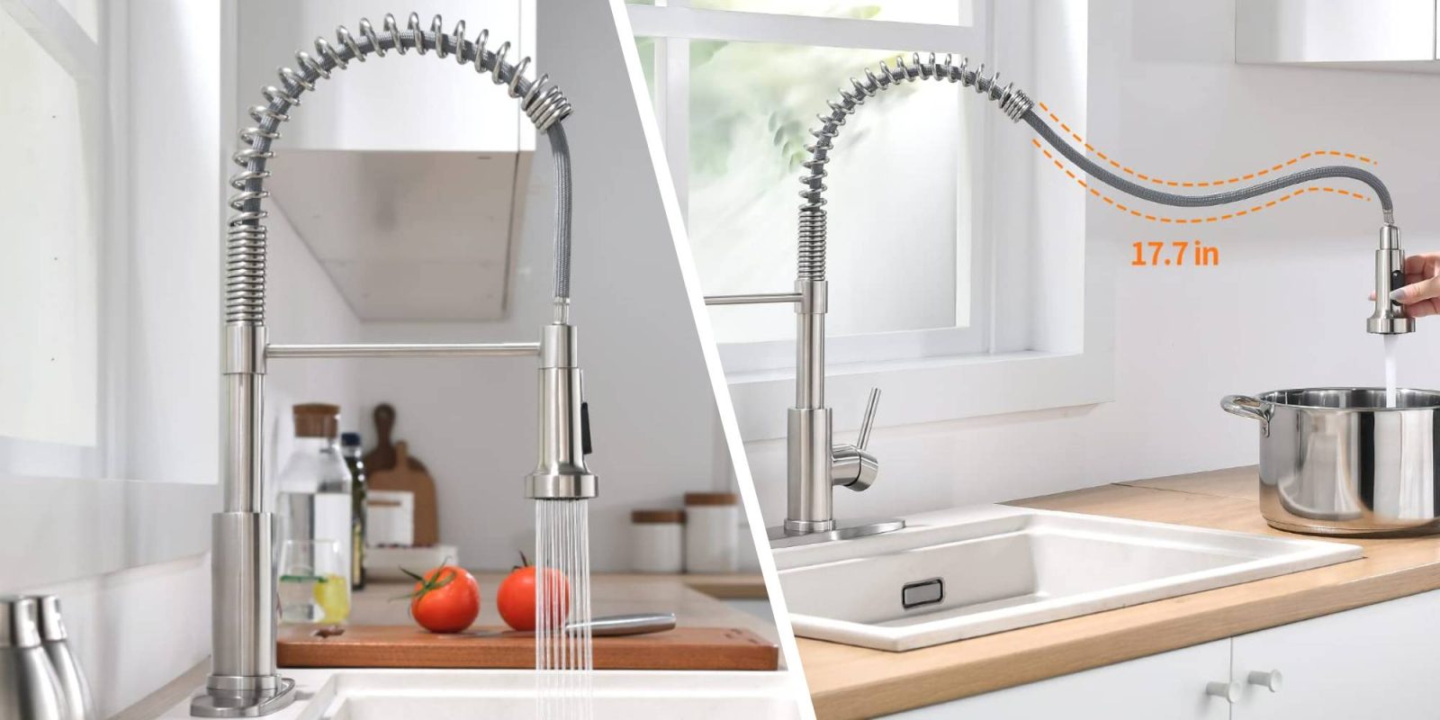 A collage of a kitchen sink faucet