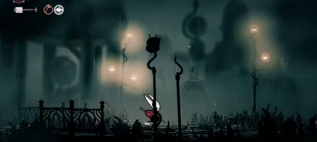 A cartoon of a rabbit running through a dark forest