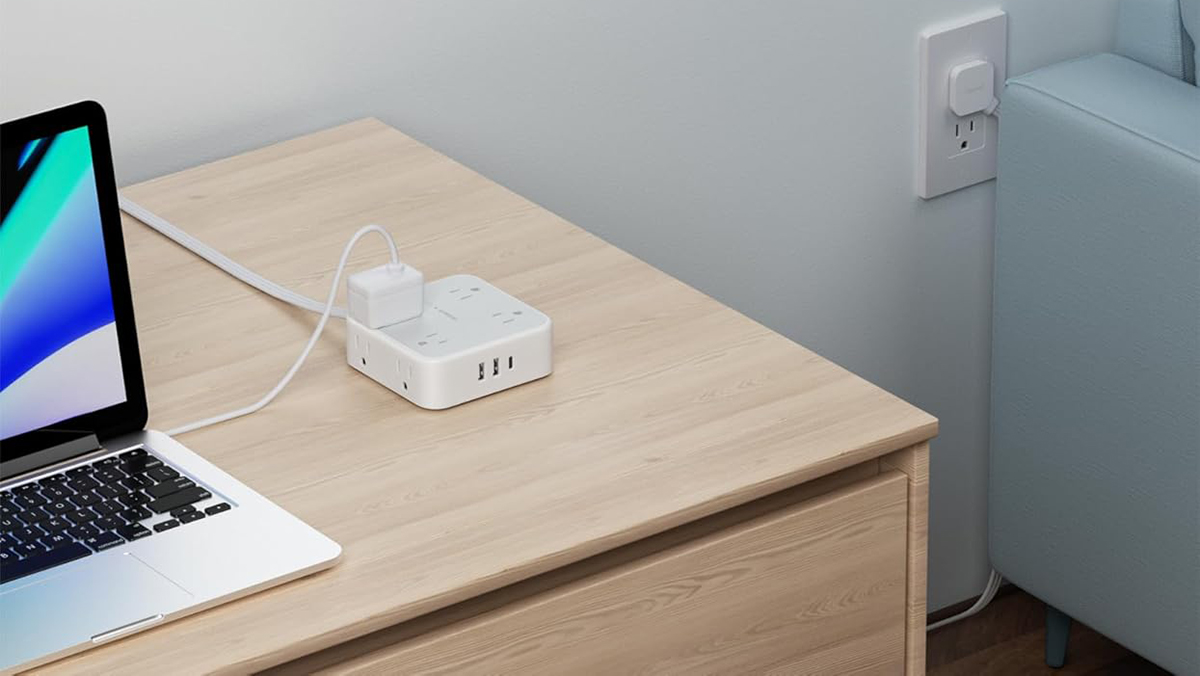 A white electrical outlet on a table