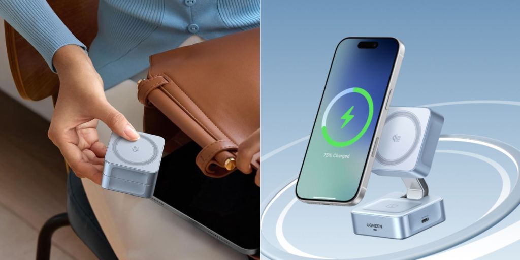 A person holding a phone and charging a device