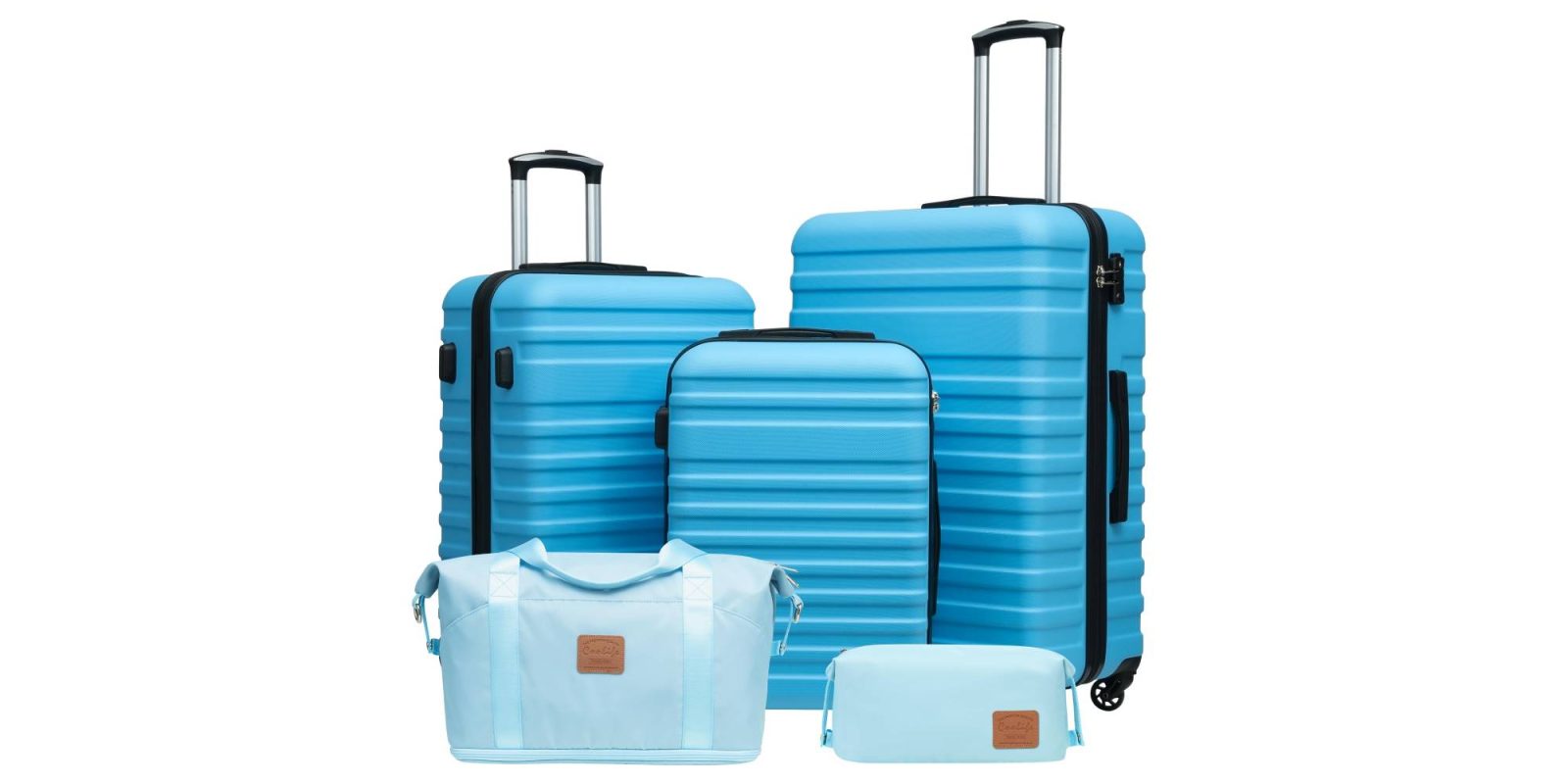 A group of blue luggage