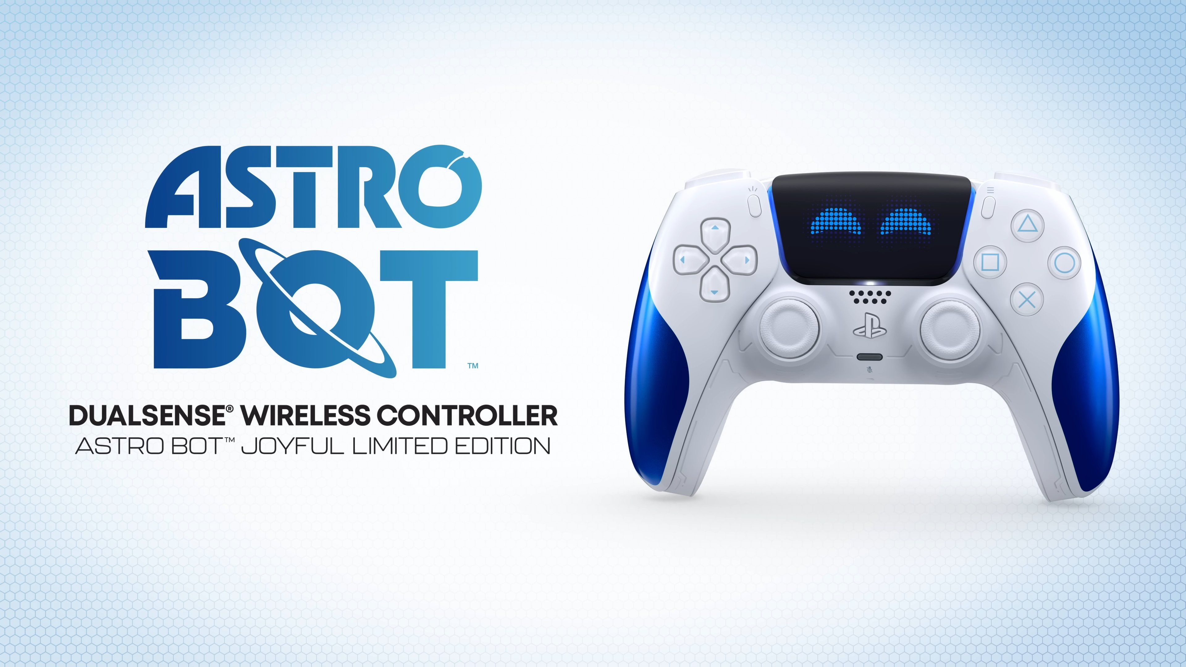 A video game controller with a blue and white background