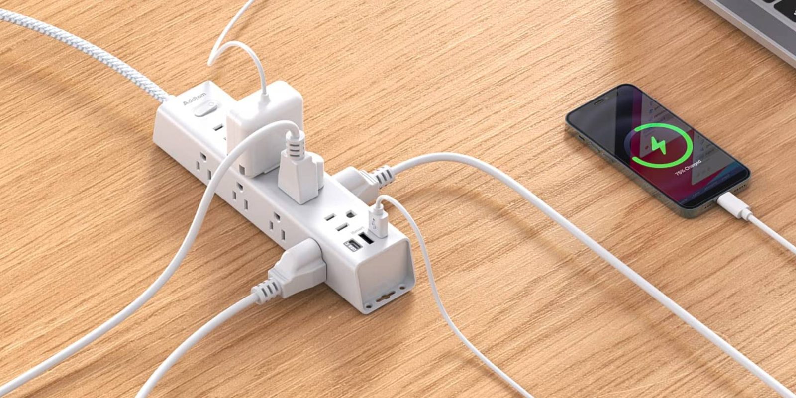 A power strip with cords plugged into it