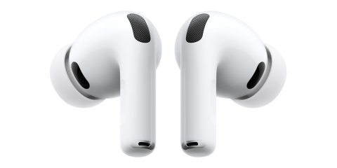 A pair of white earbuds