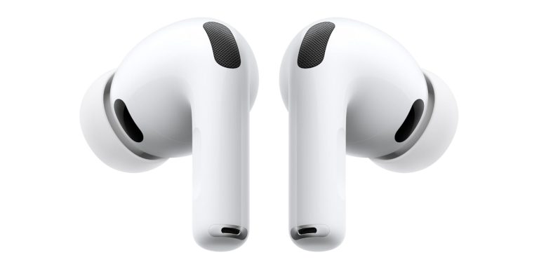 A pair of white earbuds