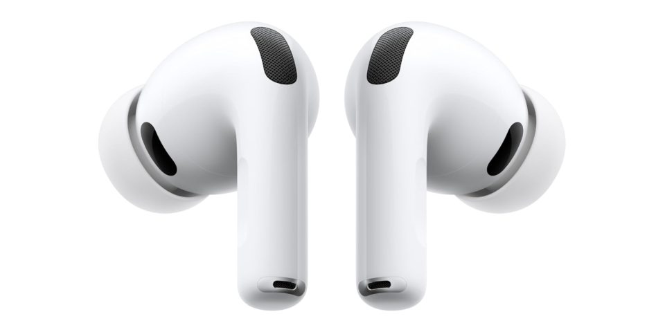 A pair of white earbuds