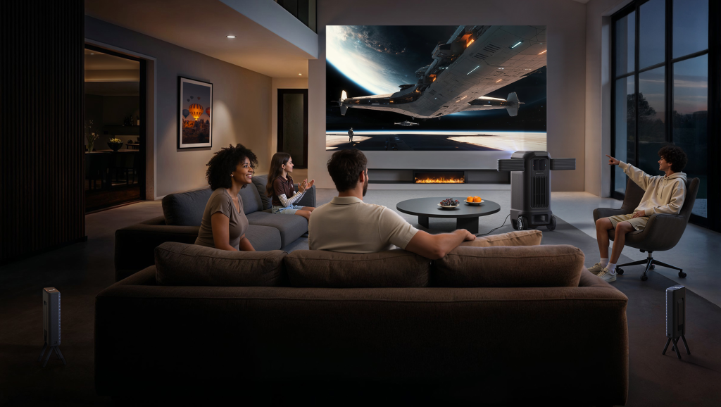 A group of people sitting on a couch in a living room watching a video game from the Anker nebula x1 pro