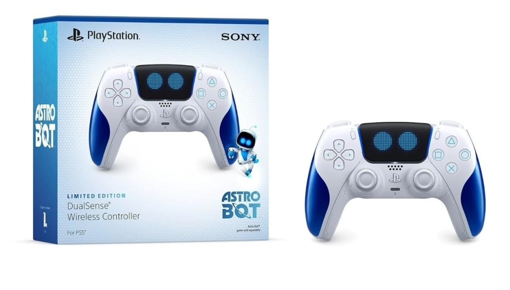 A white and blue video game controller