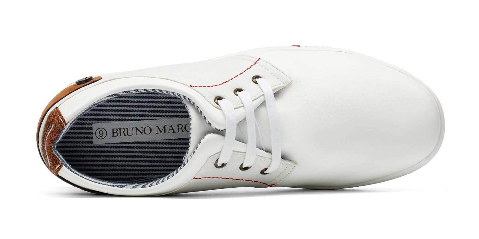 A white shoe with red stitching