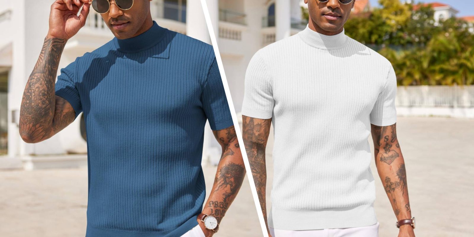 A man wearing a blue and white turtleneck shirt