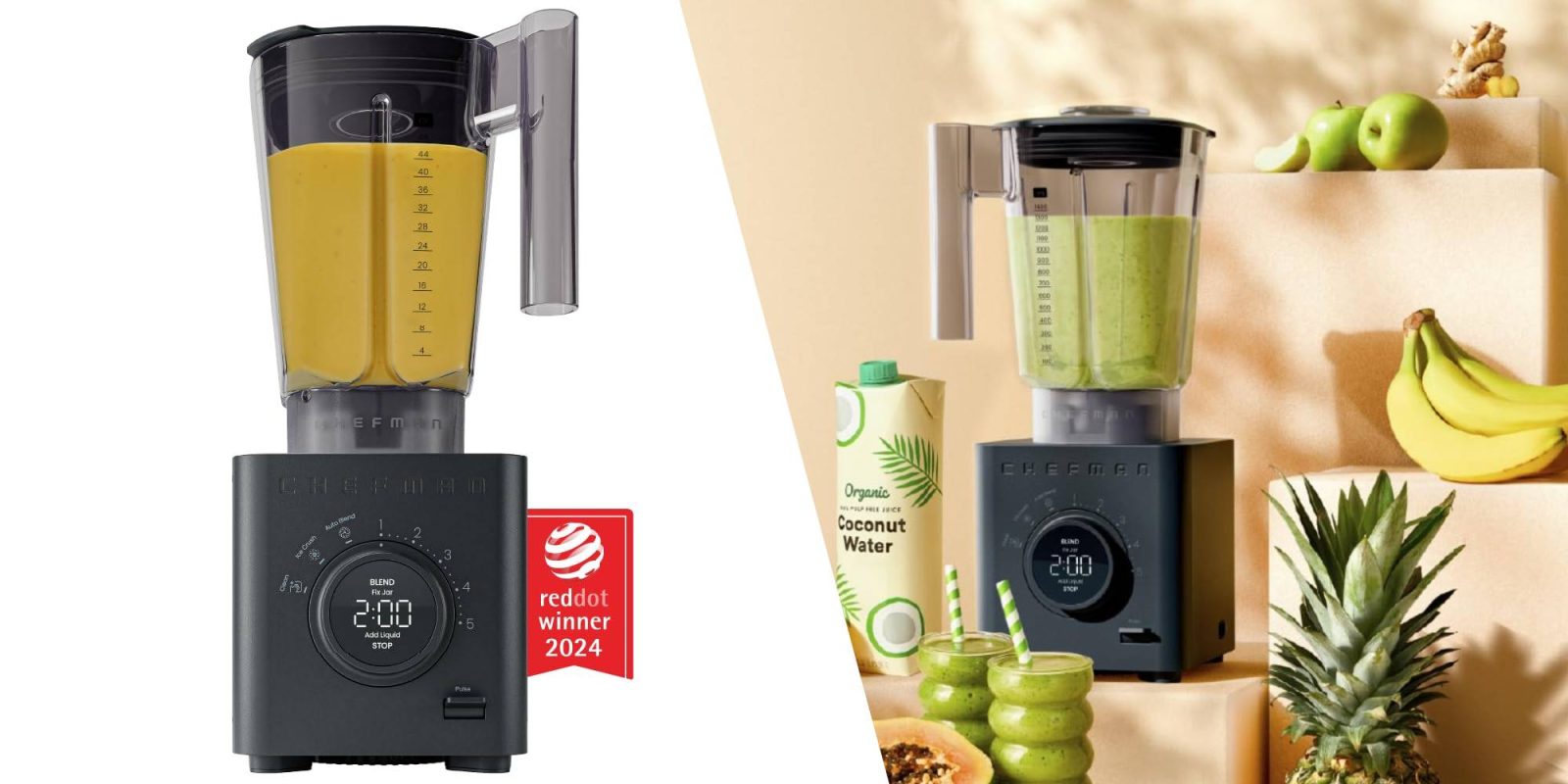 A blender with a blender and a container with a drink