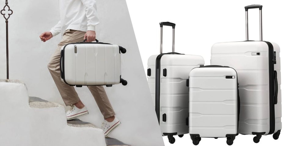 A person walking up stairs with luggage