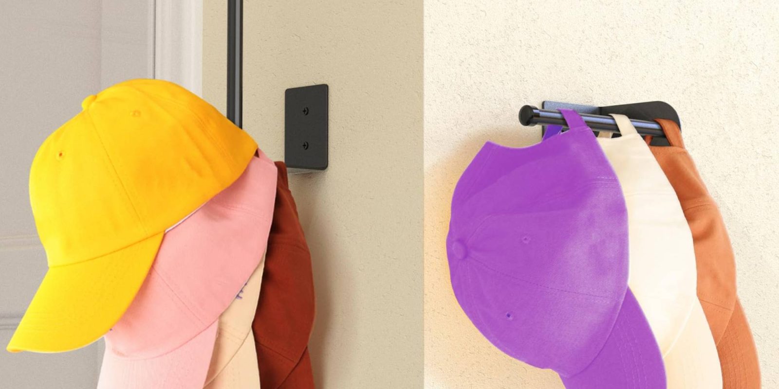 A group of hats on a wall