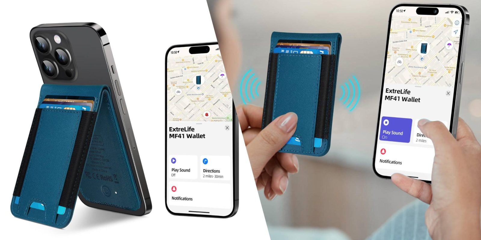 A hand holding a phone and a wallet