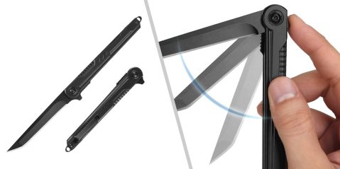 A black folding knife with a black handle