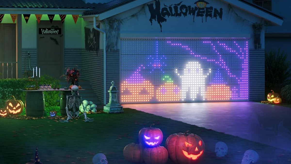 A garage with lights on it