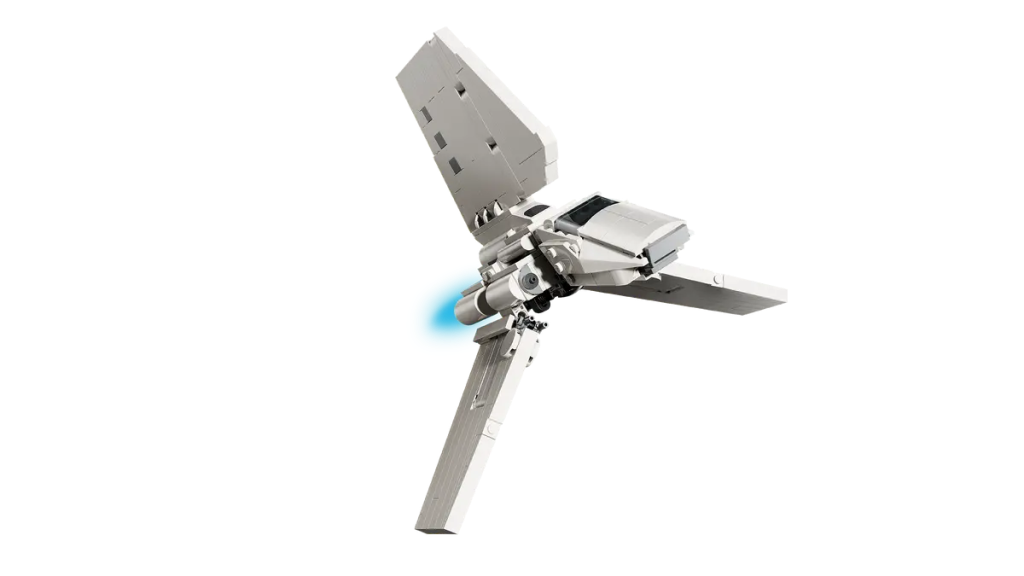 A white space ship with a blue flame