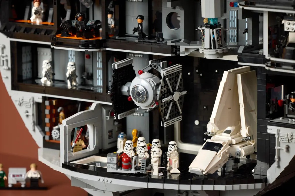 A toy building with a model of LEGO Star Wars Death Star