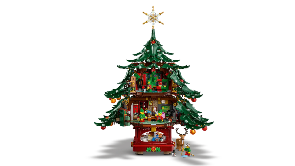 A building block with a tree and people